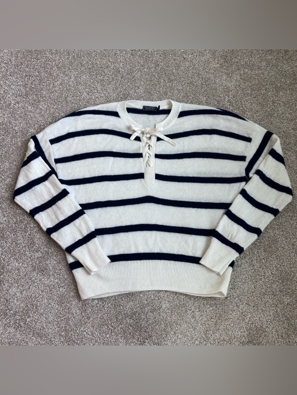Vineyard Vines Cream and Navy Lace-Up Stripe Sweater